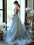 Aline tulle sequin long prom dress blue tulle long evening dress