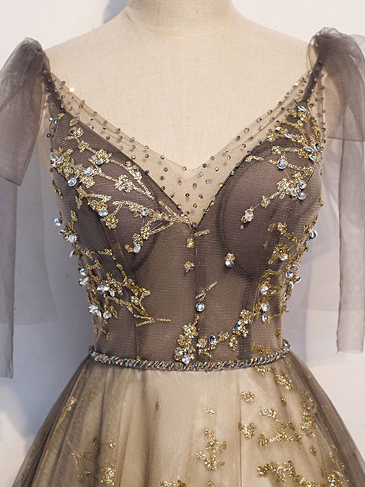 A-Line V Neck Tulle Sequin Long Prom Dress, Tulle Formal Evening Dress