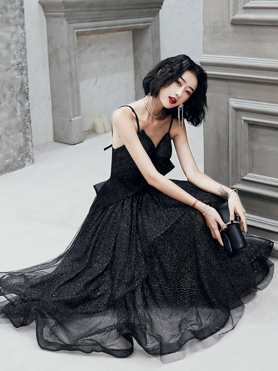 Simple v neck black tulle short prom dress, black party dress