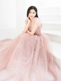Pink A line tulle long prom dress, pink tulle formal dress