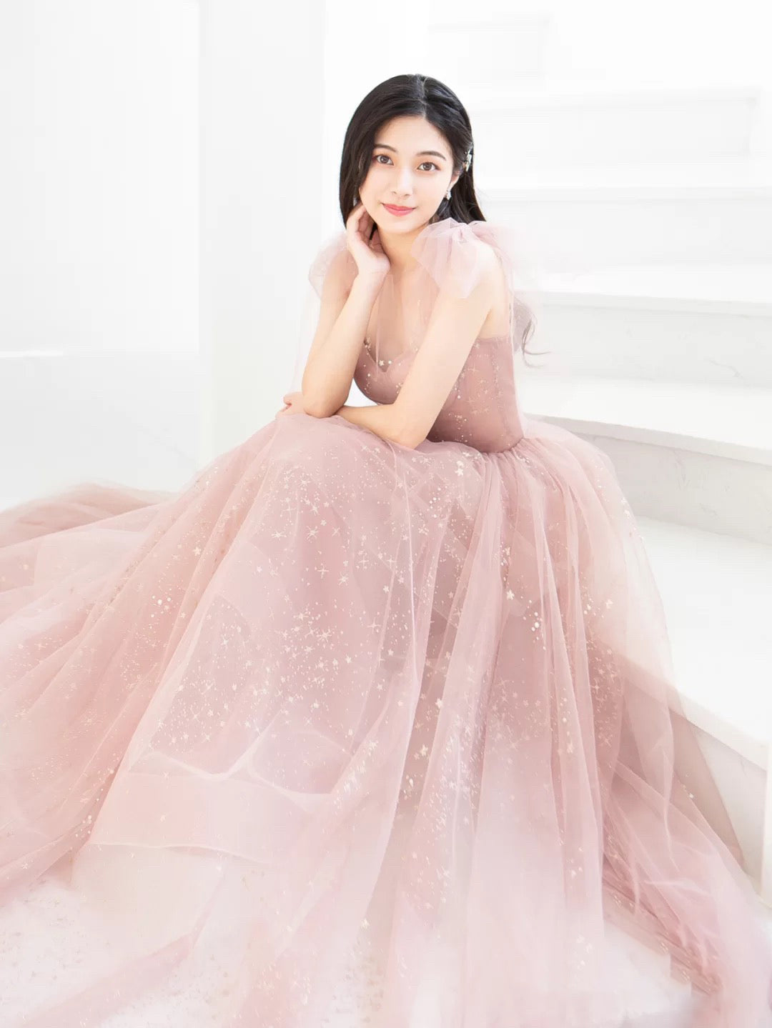 Pink A line tulle long prom dress, pink tulle formal dress