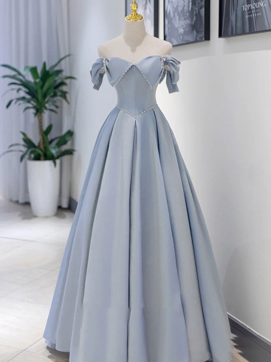 Blue Satin long prom dress, blue A line bridesmaid dress