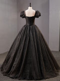 Black Square Neckline Tulle Long Prom Dress, Shiny Black Evening Dresses