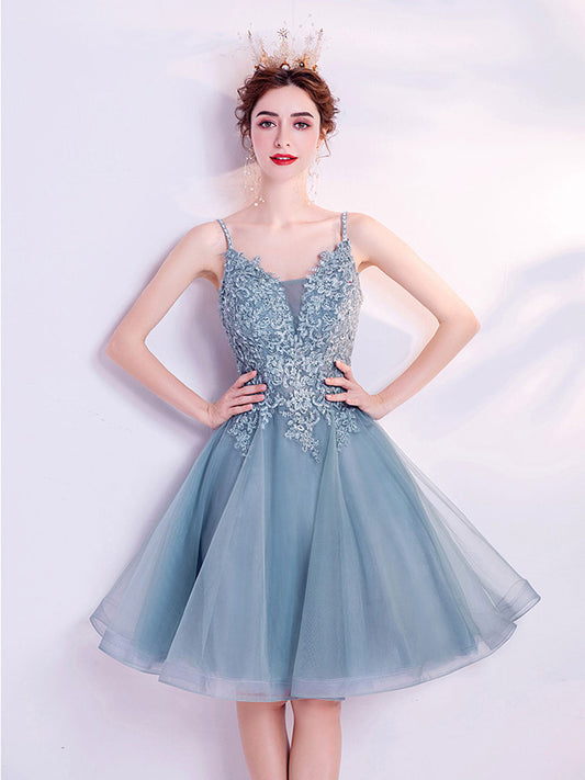 Gray blue Short Prom Dresses, V Neck Blue Lace Homecoming Dresses With Beading Sequin