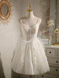 ivory v neck tulle lace short prom dress ivory lace homecoming dress