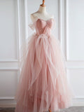 Pink tulle lace long prom dress, pink tulle evening dress