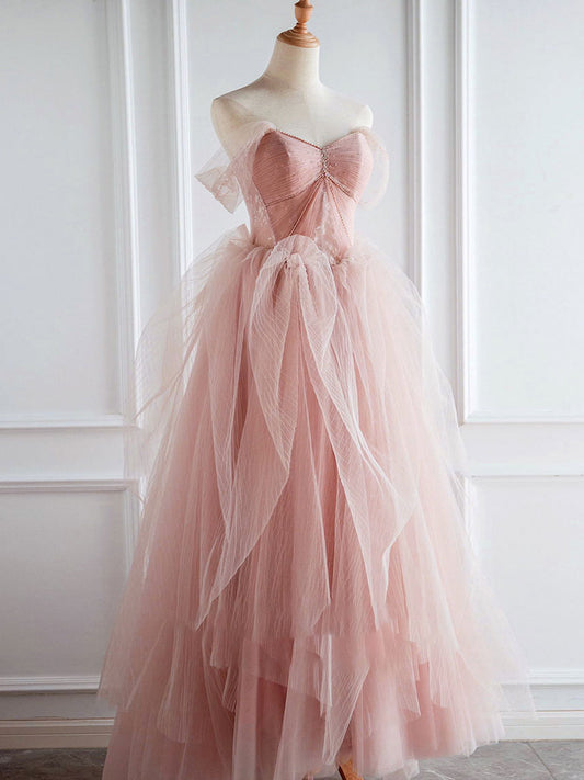 Pink tulle lace long prom dress, pink tulle evening dress