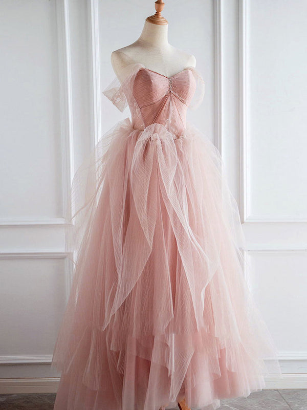 Pink tulle lace long prom dress, pink tulle evening dress