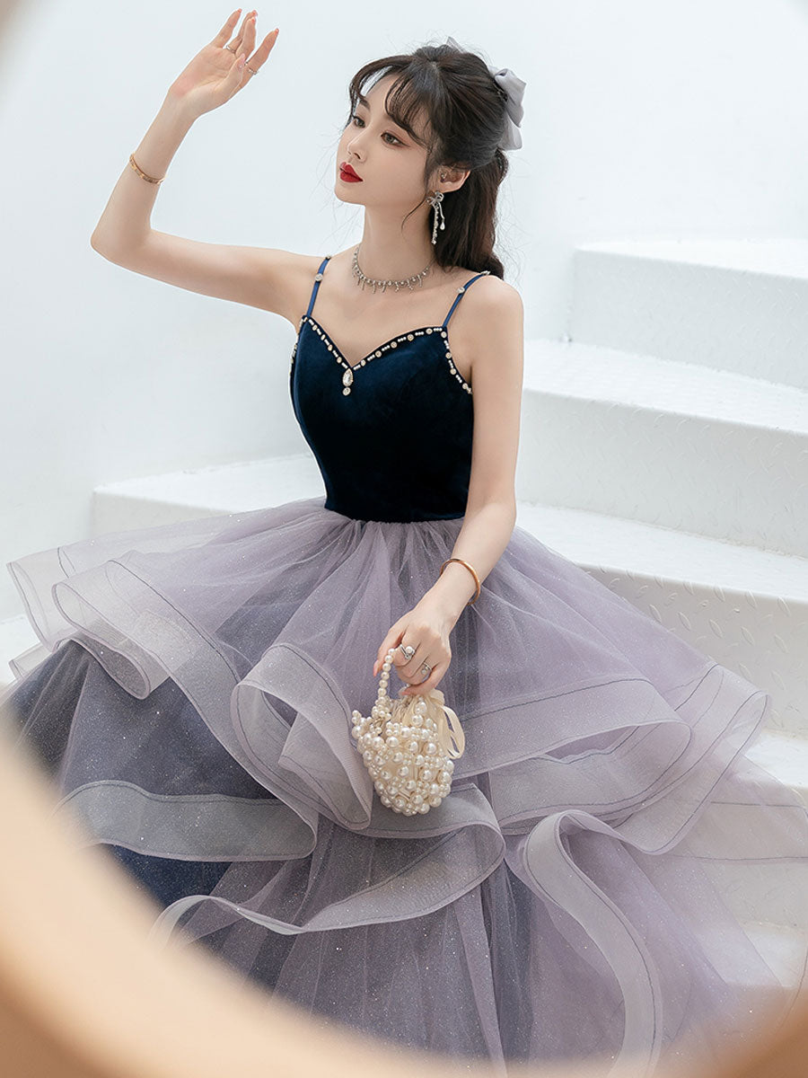 Purple sweetheart neck tulle long prom dress, purple evening dress