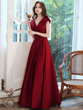 Burgundy v neck satin long prom dress, burgundy evening dress