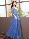 Blue A-Line Tulle Sequin Long Prom Dress, Blue Formal Evening Dress