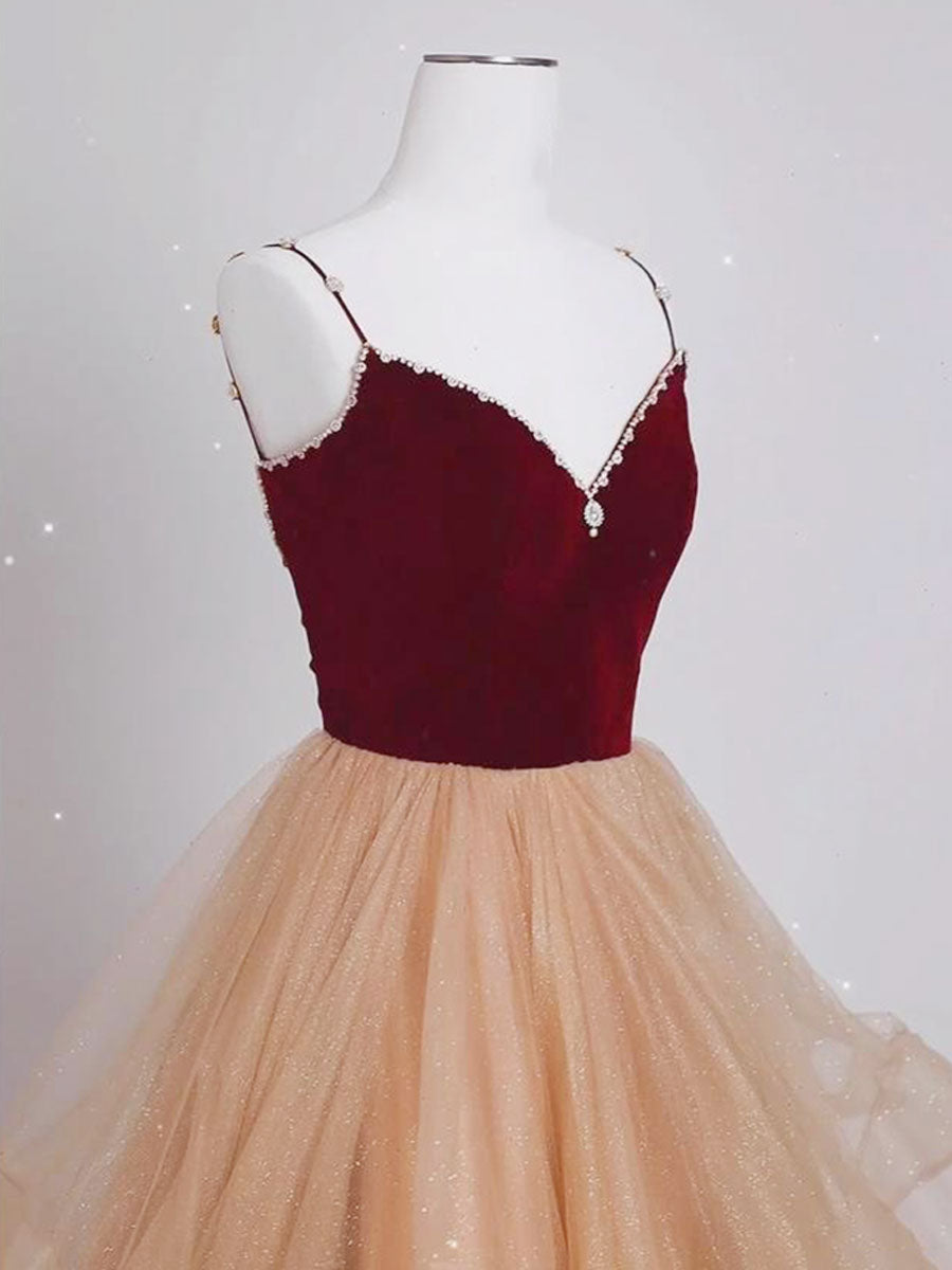 Champagne/Burgundy Long Prom Dress, A-line Tulle Formal Graduation Dress