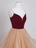 Champagne/Burgundy Long Prom Dress, A-line Tulle Formal Graduation Dress
