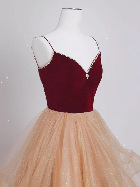 Champagne/Burgundy Long Prom Dress, A-line Tulle Formal Graduation Dress