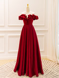 A-Line Off Shoulder Satin Burgundy Long Prom Dress, Burgundy Evening Dresses