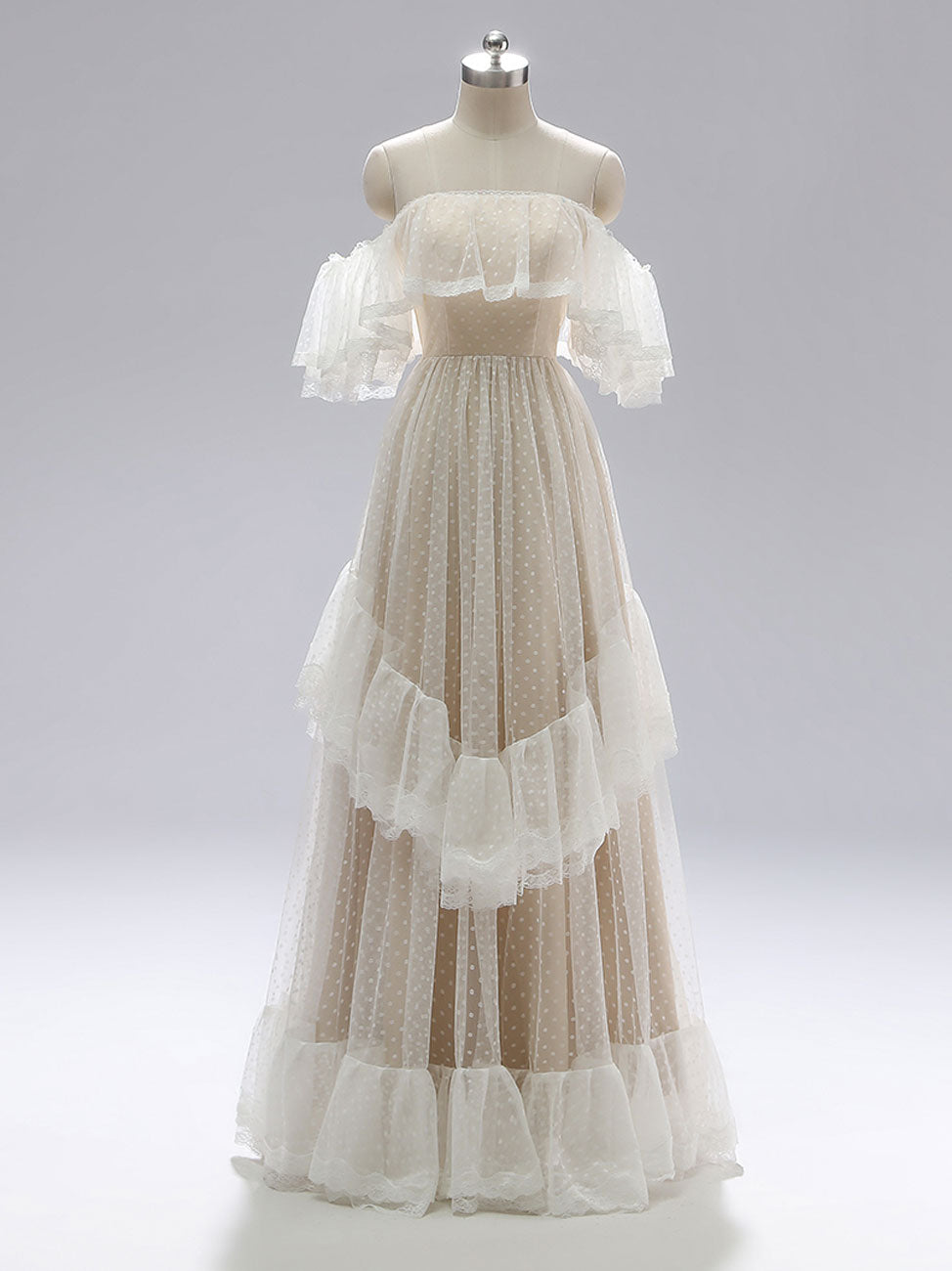 Champagne A line lace long prom dress, lace bridesmaid dress