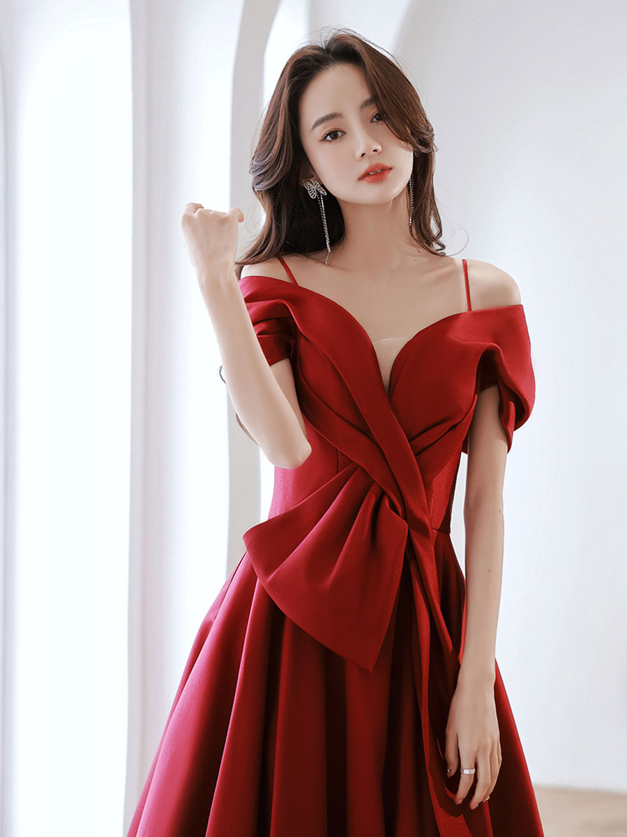Burgundy off shoulder satin long prom dress burgundy evening dress