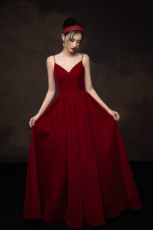 Simple v neck burgundy long prom dress burgundy bridesmaid dress