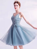 Gray blue Short Prom Dresses, V Neck Blue Lace Homecoming Dresses With Beading Sequin