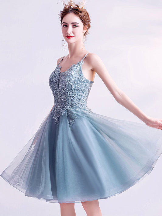 Gray blue Short Prom Dresses, V Neck Blue Lace Homecoming Dresses With Beading Sequin
