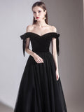 Simple black off shoulder tulle long prom dress, black evening dress