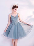 Gray blue Short Prom Dresses, V Neck Blue Lace Homecoming Dresses With Beading Sequin