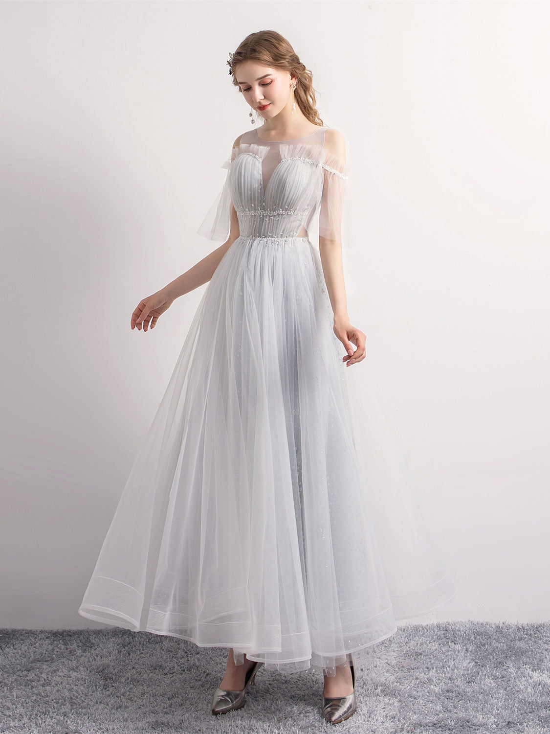 Gray Tulle Formal Evening Dress
