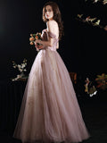 Aline Pink Long Prom Dress, Formal Pink Lace Graduation Dress with Sequin Lace Beading