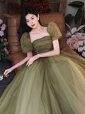 A-Line Green Sequin Tulle Long Prom Dress, Green Formal Party Dress