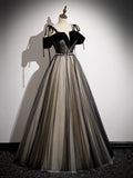 A-Line Off Shoulder Tulle Black Long Prom Dress, Black Long Formal Dress