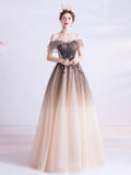 A-Line Off Shoulder Brown Long Prom Dress, Brown Tulle Formal Evening Dress