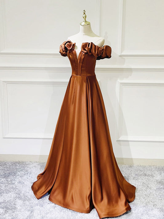 A-Line Off Shoulder Satin Long Prom Dress, Simple Evening Dresses