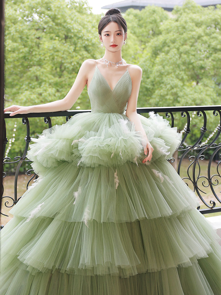 Green v neck tulle long prom dress, green tulle sweet 16 dress