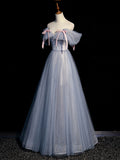 A line tulle gray blue long prom dress, gray formal dress