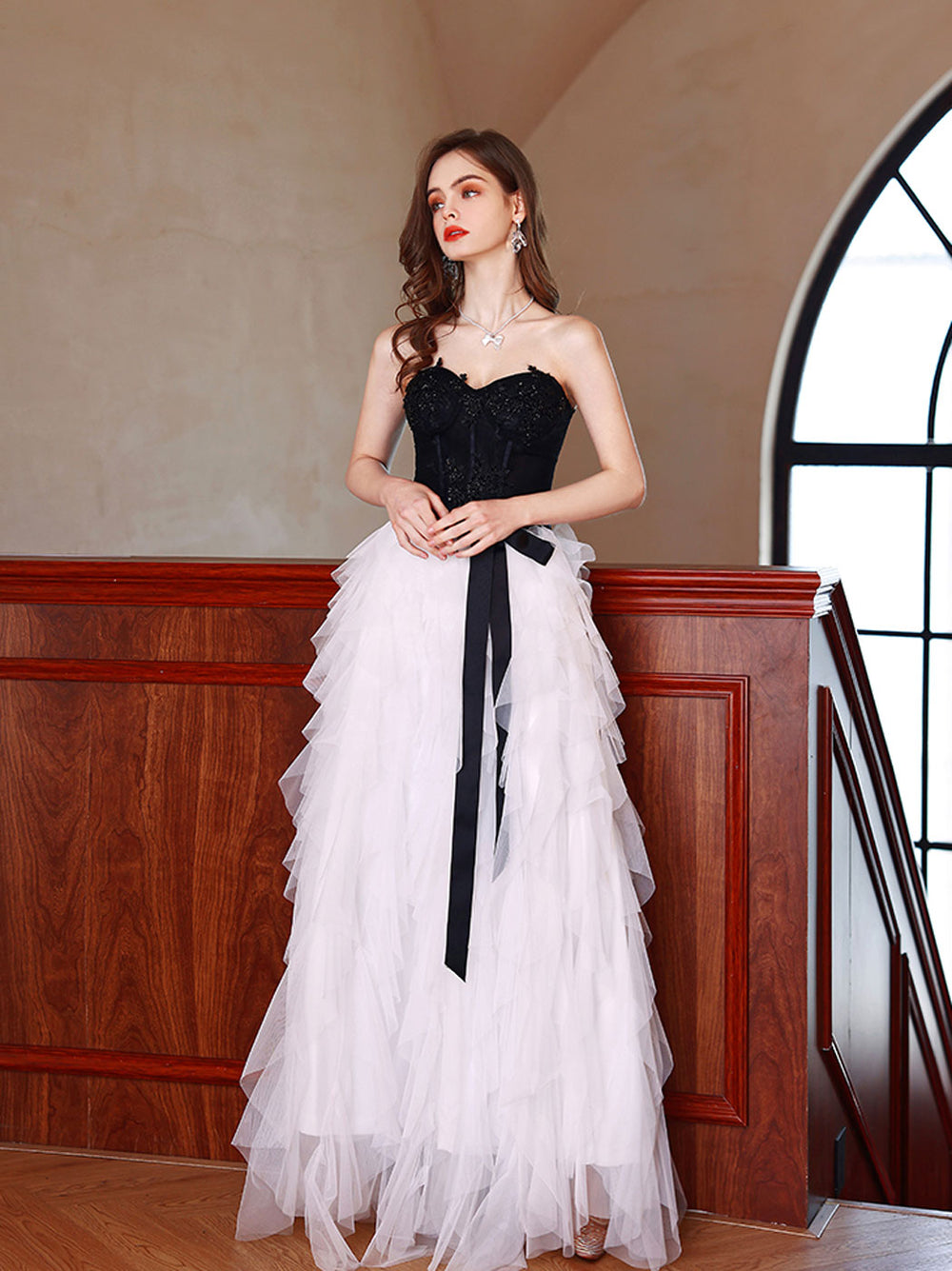 White A line tulle long prom dress , white tulle long evening dress