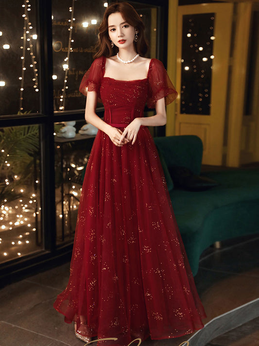 Burgundy A line tulle sequin long prom dress, burgundy tulle formal dress