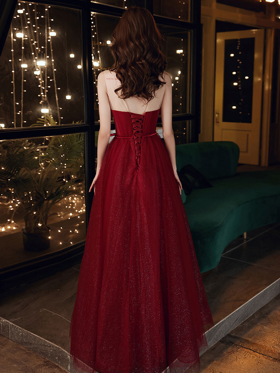 A line round neck tulle sequin long prom dress burgundy formal dress