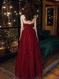 A line round neck tulle sequin long prom dress burgundy formal dress