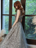 Gray A line tulle beads long prom dress gray tulle formal party dress