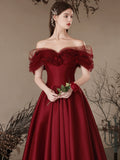 A-Line Off Shoulder Satin Burgundy Long Prom Dress, Burgundy Long Formal Dress