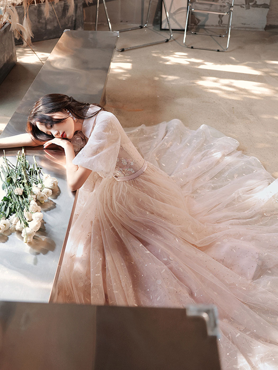 A-Line Champagne Tulle Sequin Long Prom Dresses