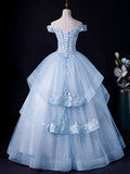 Blue A-Line Lace Tulle Long Prom Dress