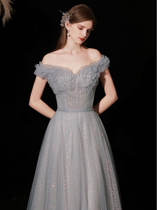 Gray Aline tulle long prom dress gray tulle formal party dress