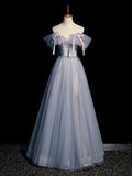 A line tulle gray blue long prom dress, gray formal dress