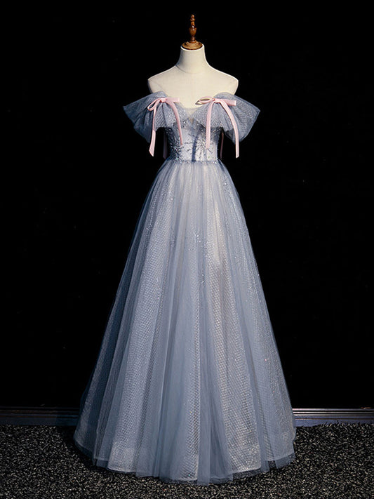 A line tulle gray blue long prom dress, gray formal dress