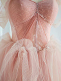 Pink tulle lace long prom dress, pink tulle evening dress
