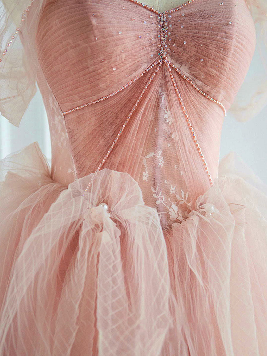Pink tulle lace long prom dress, pink tulle evening dress