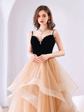 Champagne sweetheart neck tulle long prom dress backless evening dress