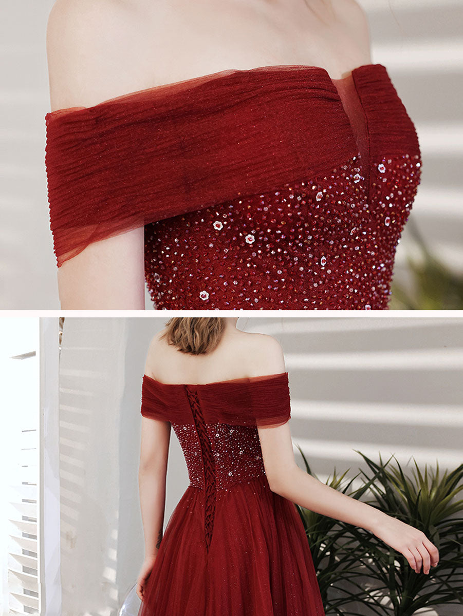 Burgundy A line sequin beads long prom dress burgundy evening dress