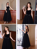 Black sweetheart neck tulle long prom dress, black evening dress